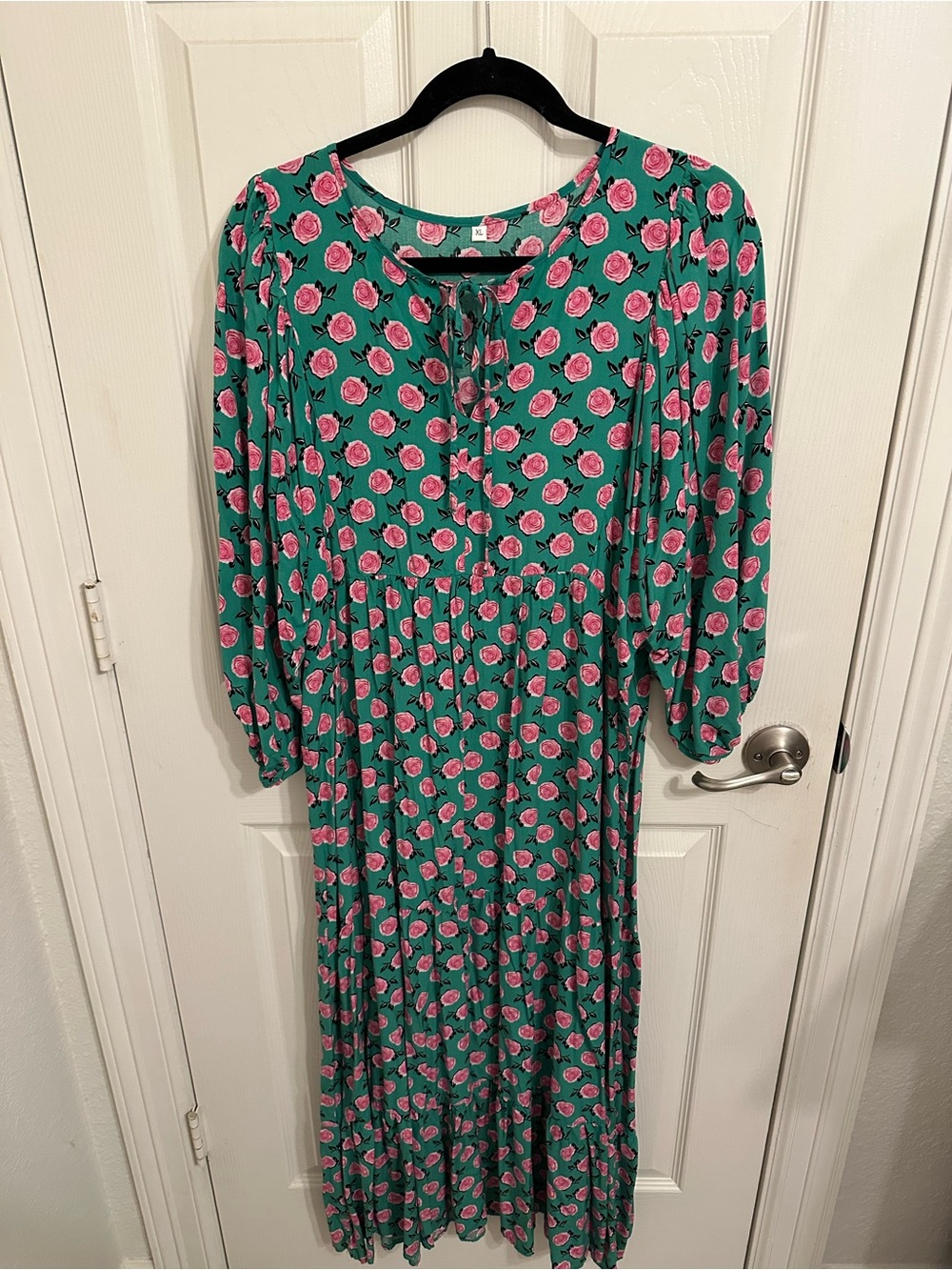 Green Floral Midi Dress with Pink Rose Print